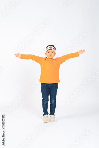 boy, elementary school student, headband, cheer squad, sports day, full body, cheer, yell, hooray, japan, hinomaru, japanese, asian, male, man, child, education, casual, elementary school, dance, perf photo