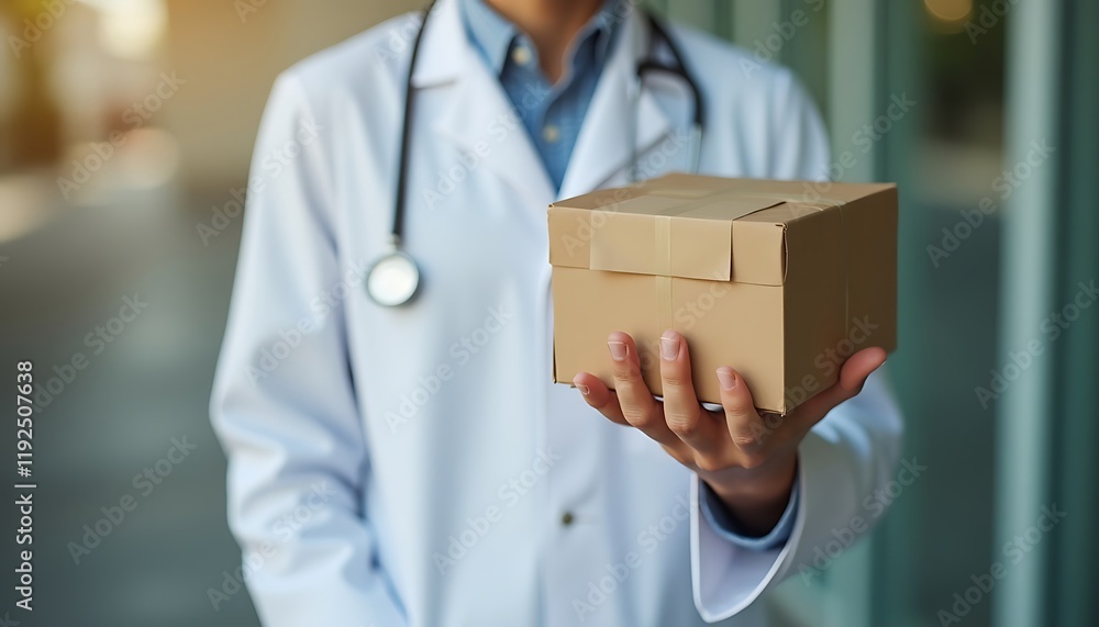 Doctor holding a cargo parcel delivery box with medicine or supplies