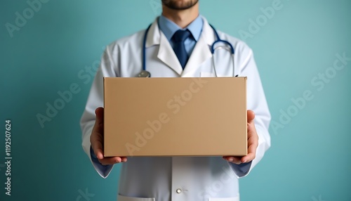 Doctor holding a cargo parcel delivery box with medicine or supplies