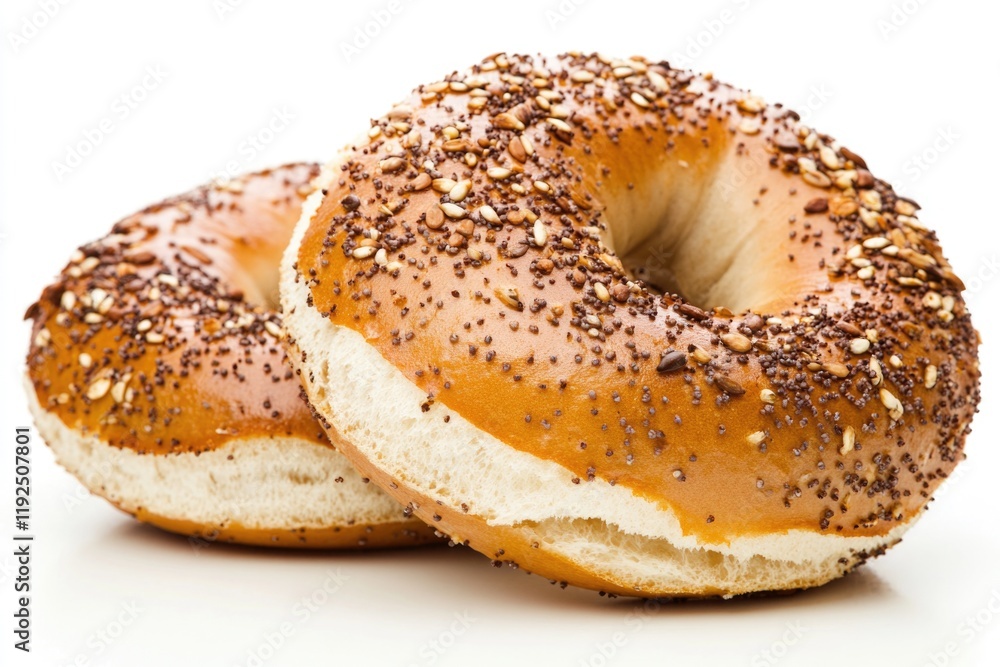 A pair of bagels stacked on top of each other, showcasing their unique shape and texture A pair of bagels stacked on top of each other, showcasing their unique shape and texture