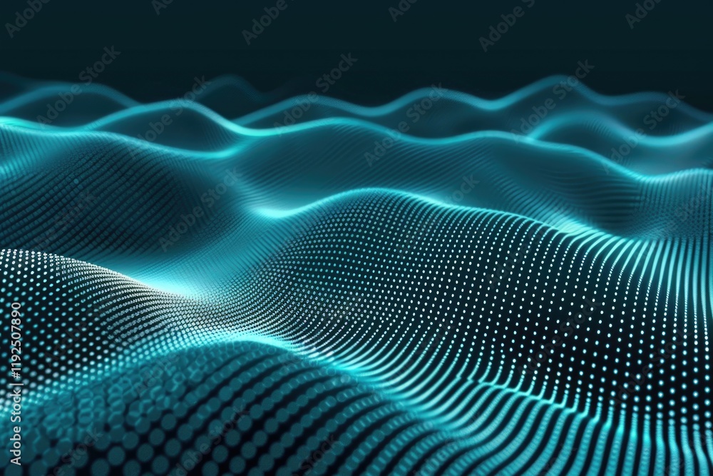 Abstract digital background with glowing blue wavy lines and dots