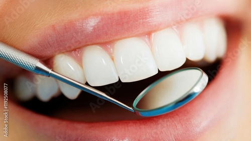 A close-up of a smiling mouth showcasing bright white teeth, with a dental mirror and explorer tool indicating a dental examination. photo