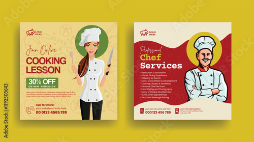 Restaurant chef job hiring, culinary training center and online cooking school class social media posts banner set, ads template or square flyer with chef flat illustration bundle design