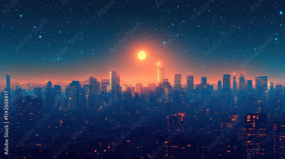 Obraz premium Nighttime skyline silhouette, minimalistic design featuring illuminated windows, modern urban aesthetic, vibrant city life representation