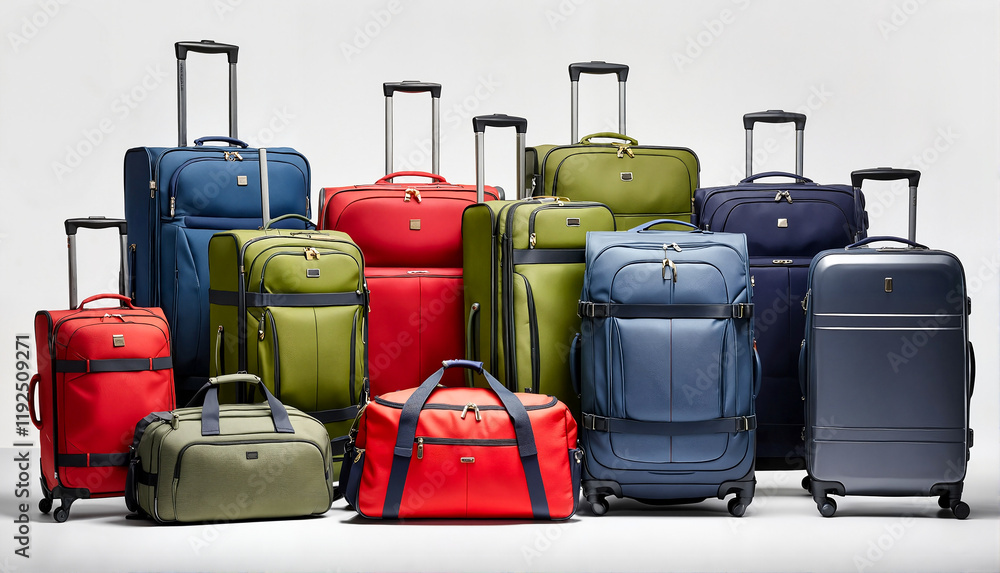 Collection of stylish luggage in various colors on white background Collection of stylish luggage in various colors on white background