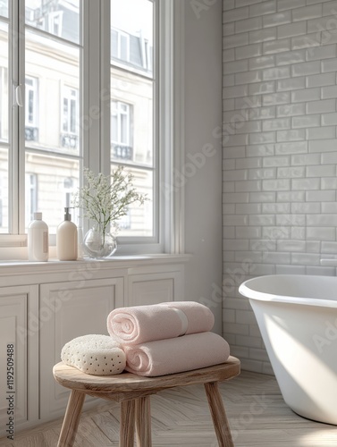 A serene bathroom features ...