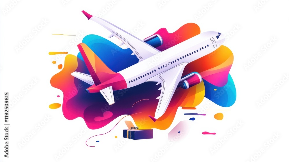 Colorful Abstract Illustration of an Airplane Surrounded by Vibrant Swirls and Shapes, Capturing the Essence of Travel and Adventure in a Creative Design Colorful Abstract Illustration of an Airplane Surrounded by Vibrant Swirls and Shapes, Capturing the Essence of Travel and Adventure in a Creative Design