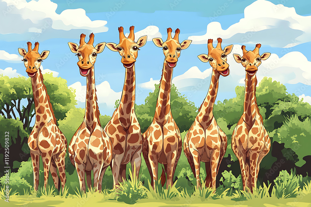 Naklejka premium A cheerful group of six cartoon giraffes standing together in a lush green environment.