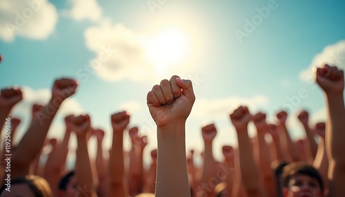 Obraz na płótnie Fists raised up to the sky during a concert or political rally w salonie