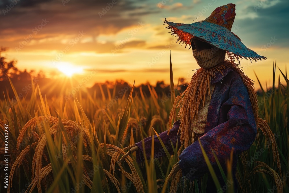 Fototapeta premium A scarecrow sitting in a field of tall, green grass