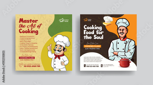 Set of online cooking class and chef job hiring social media posts banner, ads template, culinary training center social media banner or square flyer with chef flat illustration design