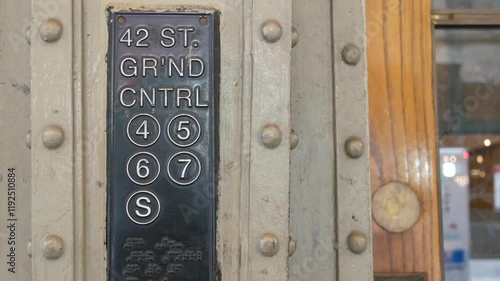 New York City subway sign, Grand Central Terminal underground metro station. GCT metropolitan entrance, public passenger transport exit. Railroad, United States railway. Manhattan midtown, 42 street.