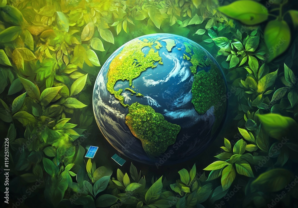 A realistic Earth surrounded by vibrant green leaves and solar panels, representing harmony between technology and nature for a sustainable and thriving planet. A realistic Earth surrounded by vibrant green leaves and solar panels, representing harmony between technology and nature for a sustainable and thriving planet.