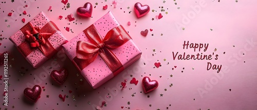 pink gift boxes wrapped in red ribbons, surrounded by glittery red hearts, small arrows, and scattered confetti on a pastel pink background with “Happy Valentine’s Day” text. valentine banner design