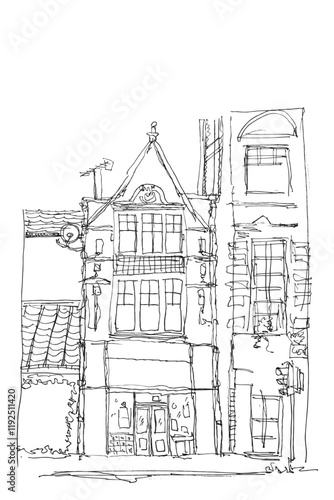 Architectural Sketch of a Classic China or Japanese Building, simple vector illustration