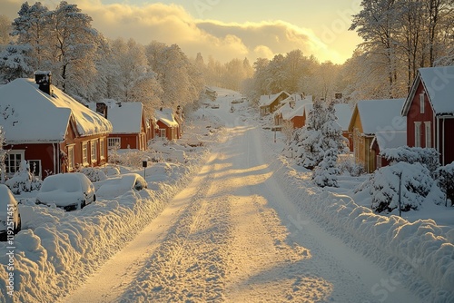 Cozy snowy street with snow-covered houses and Christmas decorations photo