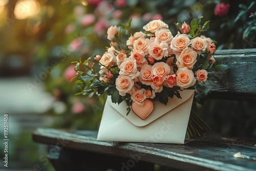 a vintage cream-colored envelope partially open, with a bouquet of heart-shaped flowers spilling out. the envelope rests on a stone bench surrounded by blooming pink blossoms and greenery.