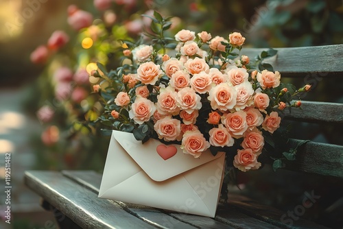 a vintage cream-colored envelope partially open, with a bouquet of heart-shaped flowers spilling out. the envelope rests on a stone bench surrounded by blooming pink blossoms and greenery.