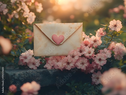 a vintage cream-colored envelope partially open, with a bouquet of heart-shaped flowers spilling out. the envelope rests on a stone bench surrounded by blooming pink blossoms and greenery.