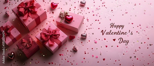 pink gift boxes wrapped in red ribbons, surrounded by glittery red hearts, small arrows, and scattered confetti on a pastel pink background with “Happy Valentine’s Day” text. valentine banner design