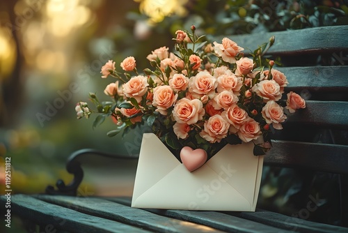 a vintage cream-colored envelope partially open, with a bouquet of heart-shaped flowers spilling out. the envelope rests on a stone bench surrounded by blooming pink blossoms and greenery.