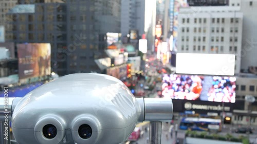 New York City Times Square, Manhattan Midtown Broadway street, USA. American NYC urban life. Road traffic, people from above. Commercial billboard screens. Tower viewer binoculars, tourist viewpoint.