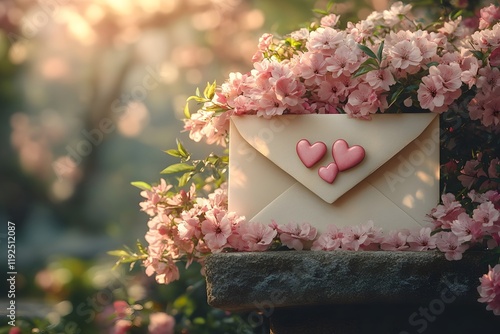 a vintage cream-colored envelope partially open, with a bouquet of heart-shaped flowers spilling out. the envelope rests on a stone bench surrounded by blooming pink blossoms and greenery.