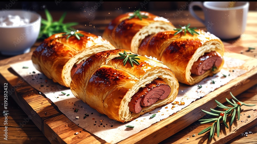 Flaky Pastry Rolls with Savory Meat Filling and Fresh Herbs, Perfect for Food and Snack Enthusiasts Flaky Pastry Rolls with Savory Meat Filling and Fresh Herbs, Perfect for Food and Snack Enthusiasts