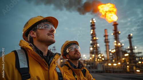 Two engineers in protective gear monitor a burning flare stack at an oil refinery, emphasizing safety procedures in the energy sector