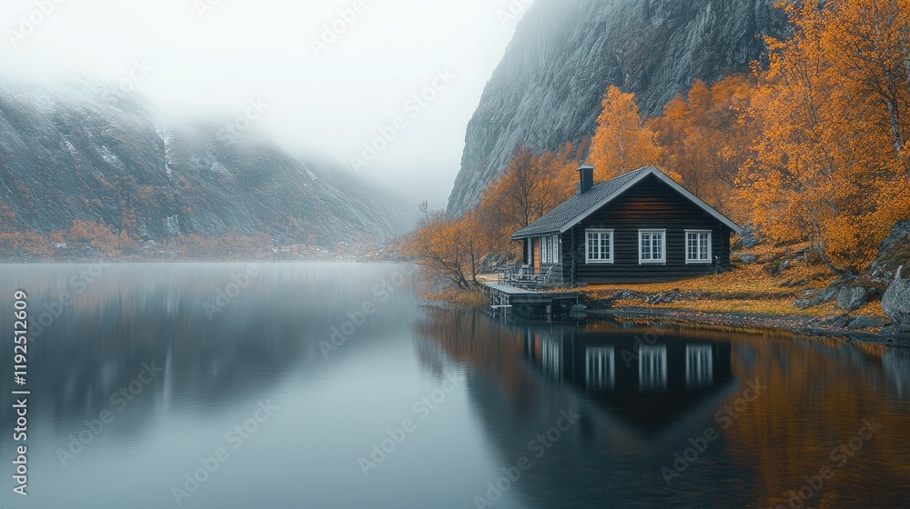 Fototapeta premium A serene morning unfolds at a cozy countryside cabin, nestled by a calm lake, surrounded by misty mountains and autumn foliage
