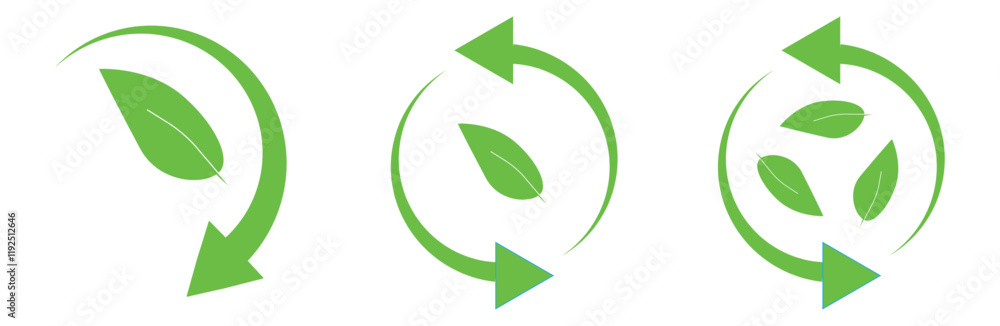 Green leaf and arrow icons for biodegradable recyclable organic bio labels package, Recycling and rotation arrow icon pack. Green leaf and arrow icons for biodegradable recyclable organic bio labels package, Recycling and rotation arrow icon pack.
