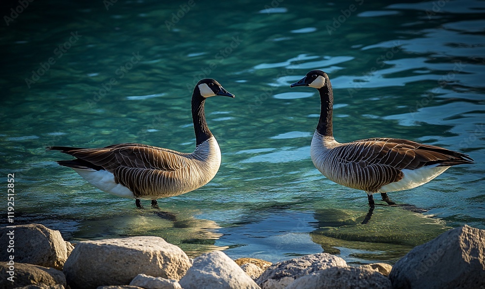 Geese by lake, facing each other, calm water, rocks, nature scene, wildlife photography Geese by lake, facing each other, calm water, rocks, nature scene, wildlife photography