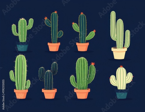 Collection of cartoon cacti in pots, vector illustration, colorful...Concept: Botanical pattern, cute illustrations, cacti theme, simple, playful. photo