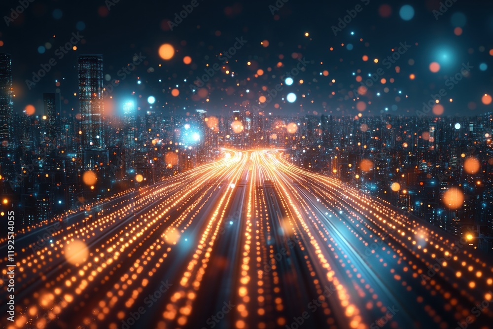 Futuristic Cityscape with Glowing Light Trails and Bokeh Effect at Night Futuristic Cityscape with Glowing Light Trails and Bokeh Effect at Night