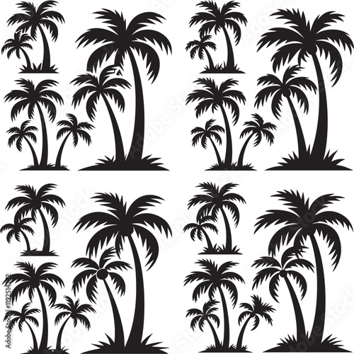 set of silhouette icon illustrations of a palm tree..