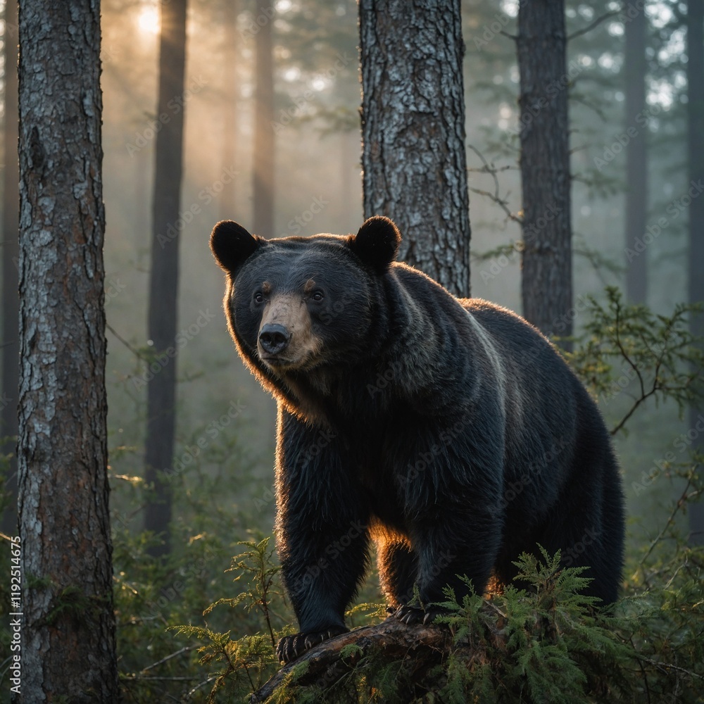 Fototapeta premium A black bear climbing a tree in a misty forest during sunrise.