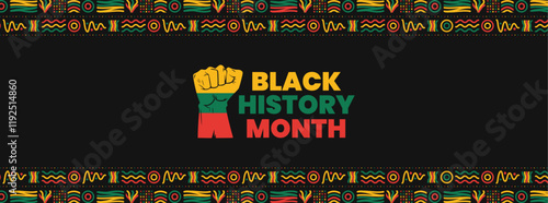 Black History Month social media cover web banner, African American history celebration, February awareness celebration banner, with geometric pattern and hand fist, Juneteenth Independence Day banner