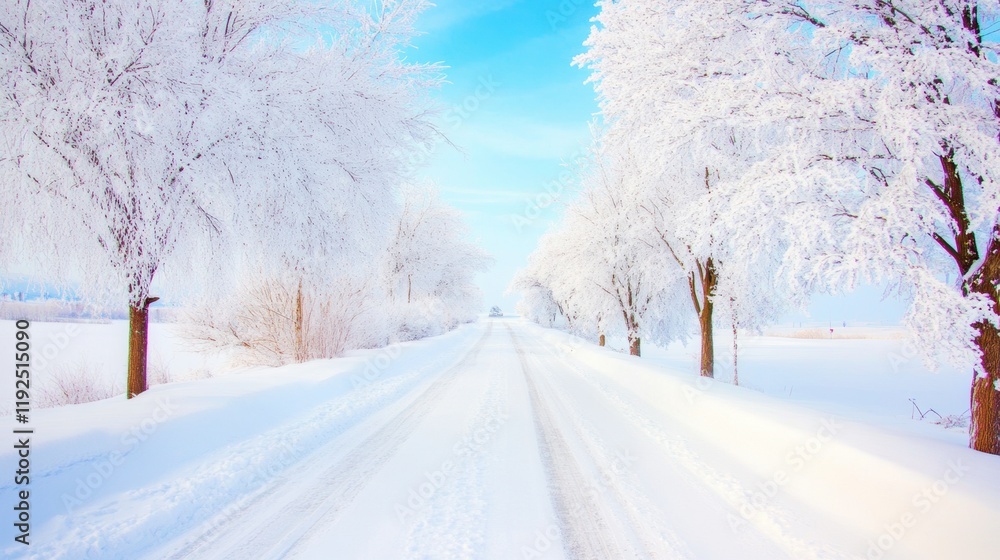 Obraz premium A snow-covered road winds through frost-laden trees under a bright blue sky, capturing a serene winter landscape filled with stillness, clarity, and crisp natural beauty. 