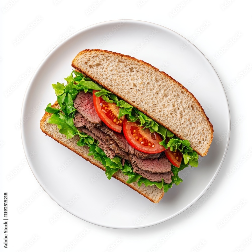 A mouthwatering roast beef sandwich displayed on a plain white background. A mouthwatering roast beef sandwich displayed on a plain white background.