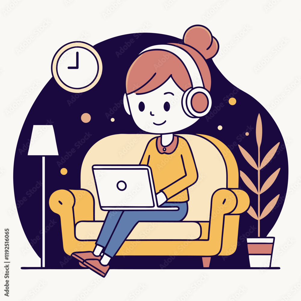 Young girl wearing headphone and using laptop on couch Young girl wearing headphone and using laptop on couch