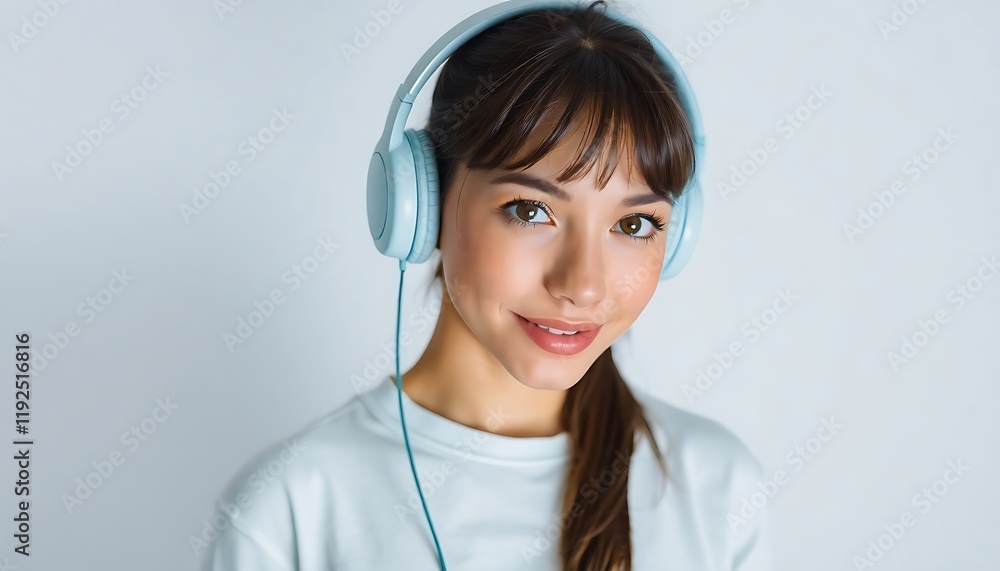 Portrait of young woman wearing headphones on white studio background