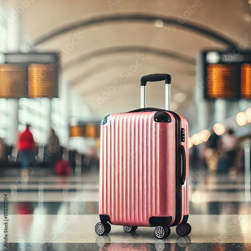 pink travel suitcase at the airport with vintage luggage in a blurred background photo