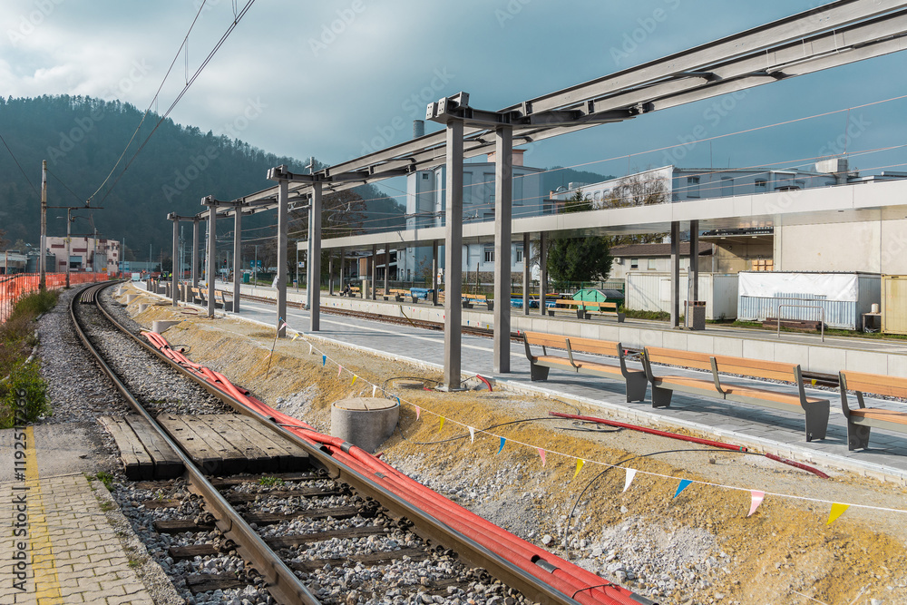 Modernization of train station of Litija in zasavje region of slovenia. Modern train platforms are about to be built, new benches and roofing.