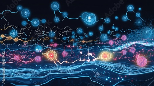 Depiction of electrochemical reaction including galvanic electrolytic cell flowing energy visuals photo