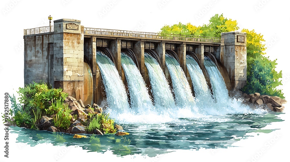 Watercolor painting of a dam with water cascading over its spillway, surrounded by lush greenery and rocks. Watercolor painting of a dam with water cascading over its spillway, surrounded by lush greenery and rocks.