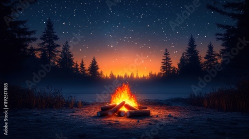 Campfire Gathering, a simplified illustration featuring a cozy campfire, logs, and marshmallows, evoking warmth and outdoor adventures photo