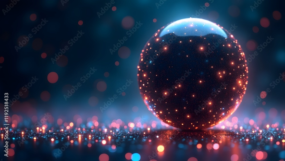 A shimmering, iridescent sphere rests on a bed of glowing particles, casting subtle reflections and creating a sense of mystery. A shimmering, iridescent sphere rests on a bed of glowing particles, casting subtle reflections and creating a sense of mystery.
