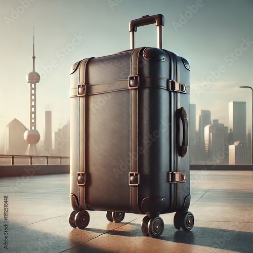 A black suitcase with luggage on the road at an airport, symbolizing travel and a journey photo