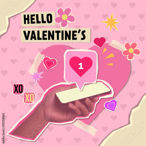Engaging Valentine collage with hand holding phone showing love message notification Vector illustration
