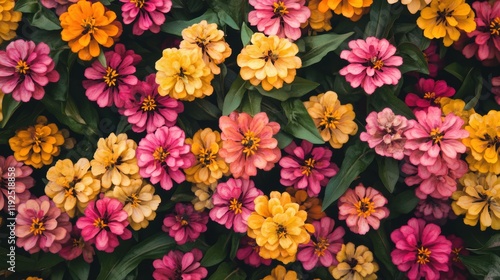 Vibrant cluster of pink, yellow, and orange zinnia flowers in full bloom, with lush green leaves against a soft blurred background. Cheerful summer garden close-up